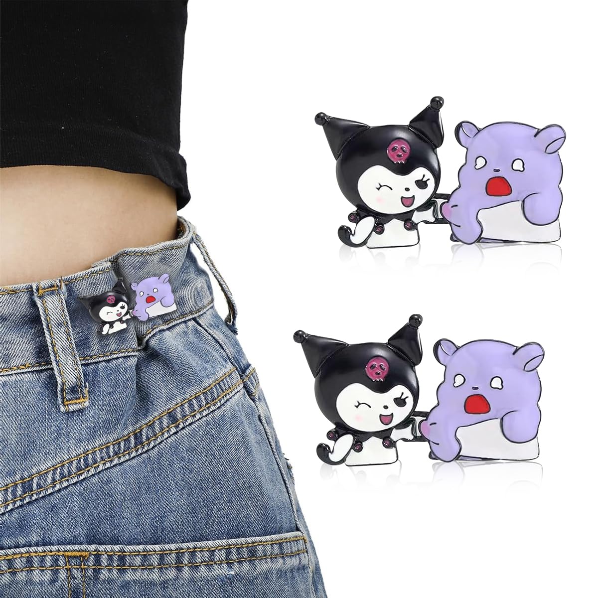 SANNIDHI 2 Pairs Jeans Tightening Clip, Kuromi Pants Clips Jeans Adjustable Button Pins, Adjustable Waist Buckle for Women Girls, Jeans Hooks for Waist Fit Loose Jeans Adjuster for Trousers, Skirts SANNIDHI 2 Pairs Jeans Tightening Clip, Kuromi Pants Clips Jeans Adjustable Button Pins, Adjustable Waist Buckle for Women Girls, Jeans Hooks for Waist Fit Loose Jeans Adjuster for Trousers, Skirts